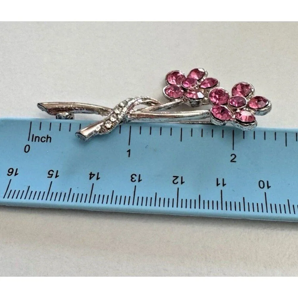 Vintage Rhinestone Flower Brooch Pink Crystal Double Stem 2 Inch